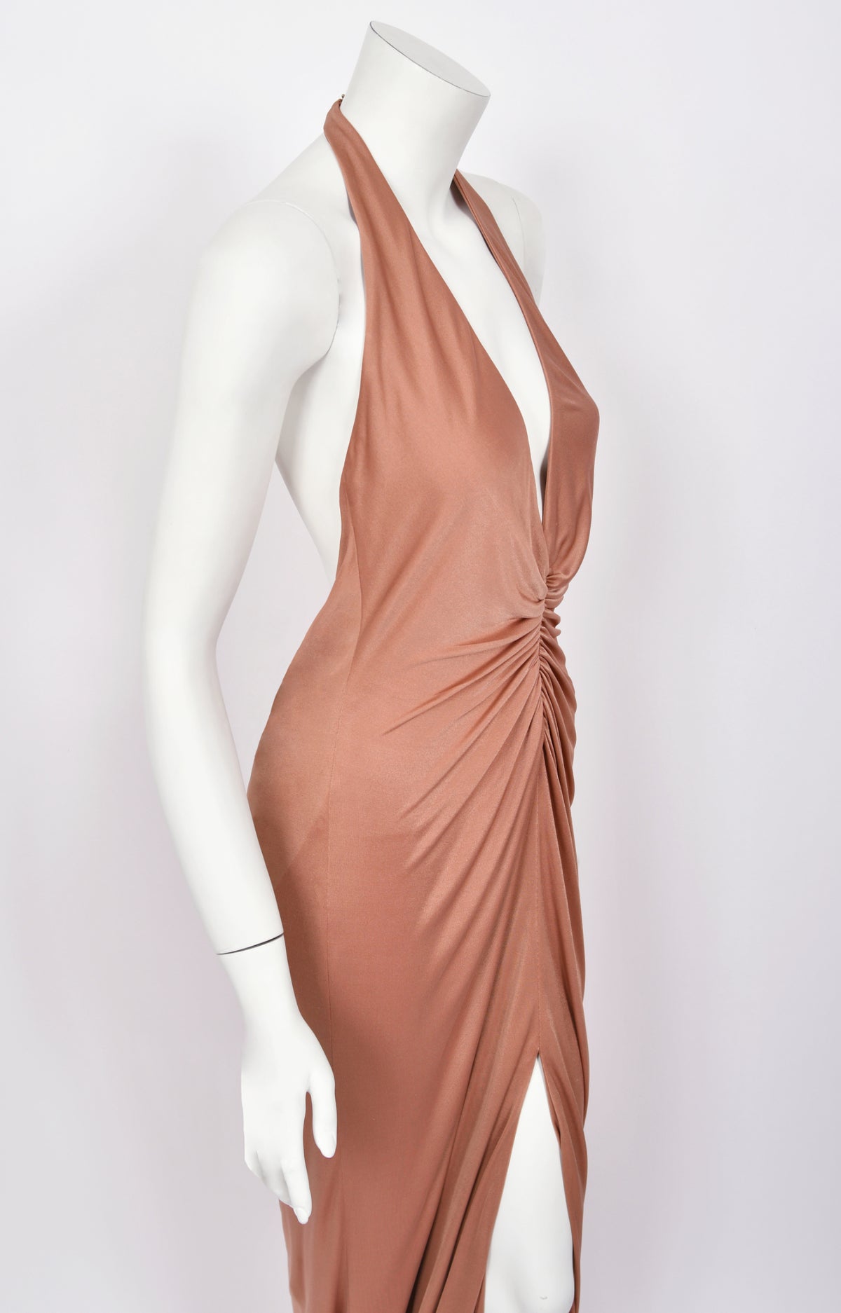 2005 Versace Nude Silk-Jersey Low Plunge Halter Backless Gown