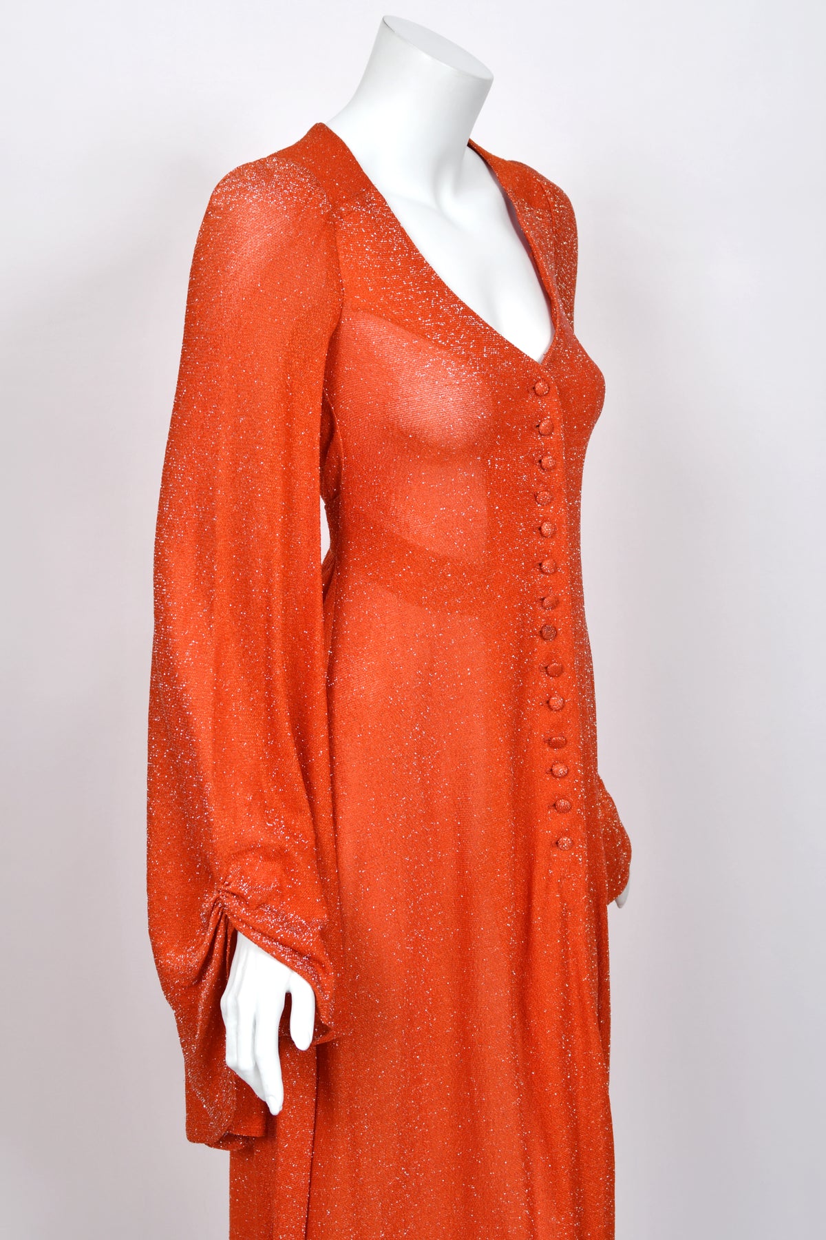 1974 Biba by Barbara Hulanicki Metallic Orange Lurex Angel-Sleeve High Slit Maxi Dress