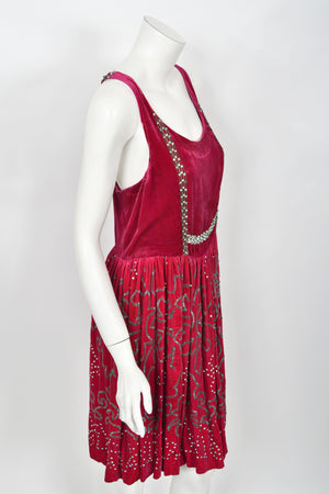 1920's Magenta Pink Beaded & Rhinestone Velvet Back Cut-Out Flapper Dress