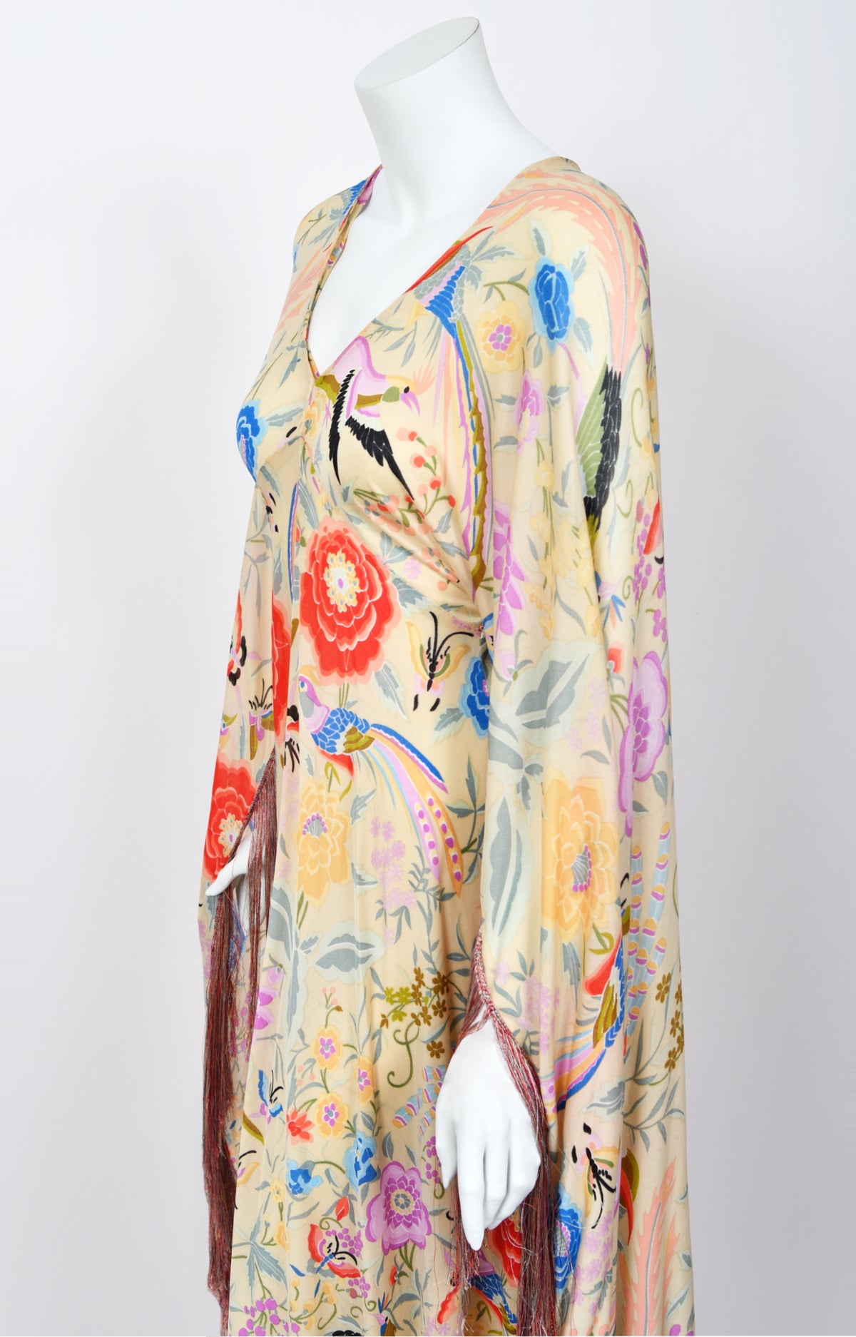 1971 Missoni Couture Colorful Floral Bird Print Silk-Jersey Caftan Gown