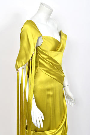 2018 Ralph & Russo Haute Couture Chartreuse Silk Satin Asymmetric Crystal Fringed Gown