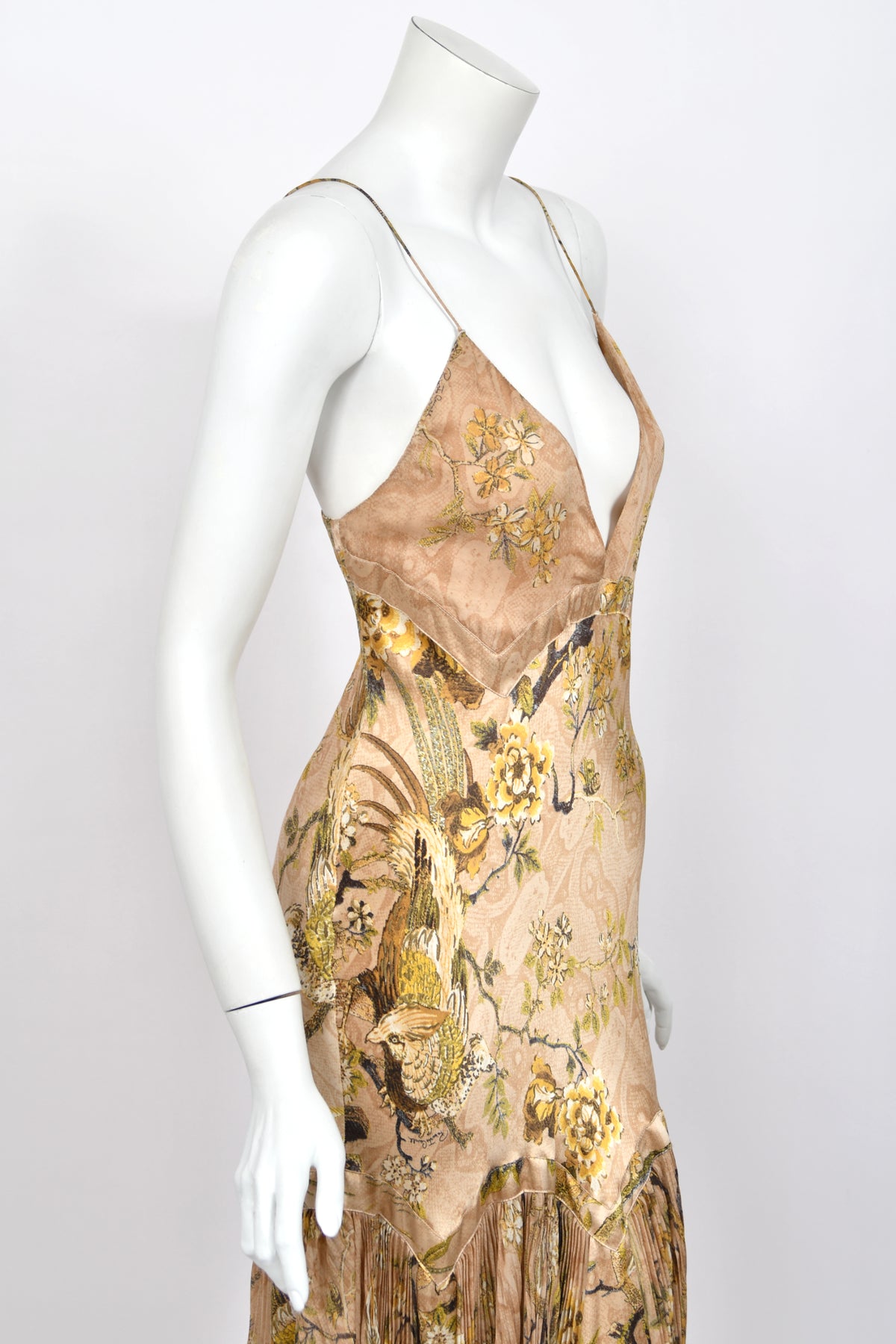 2006 Roberto Cavalli Champagne Floral & Bird Motif Silk Pleated High Low Bias-Cut Gown