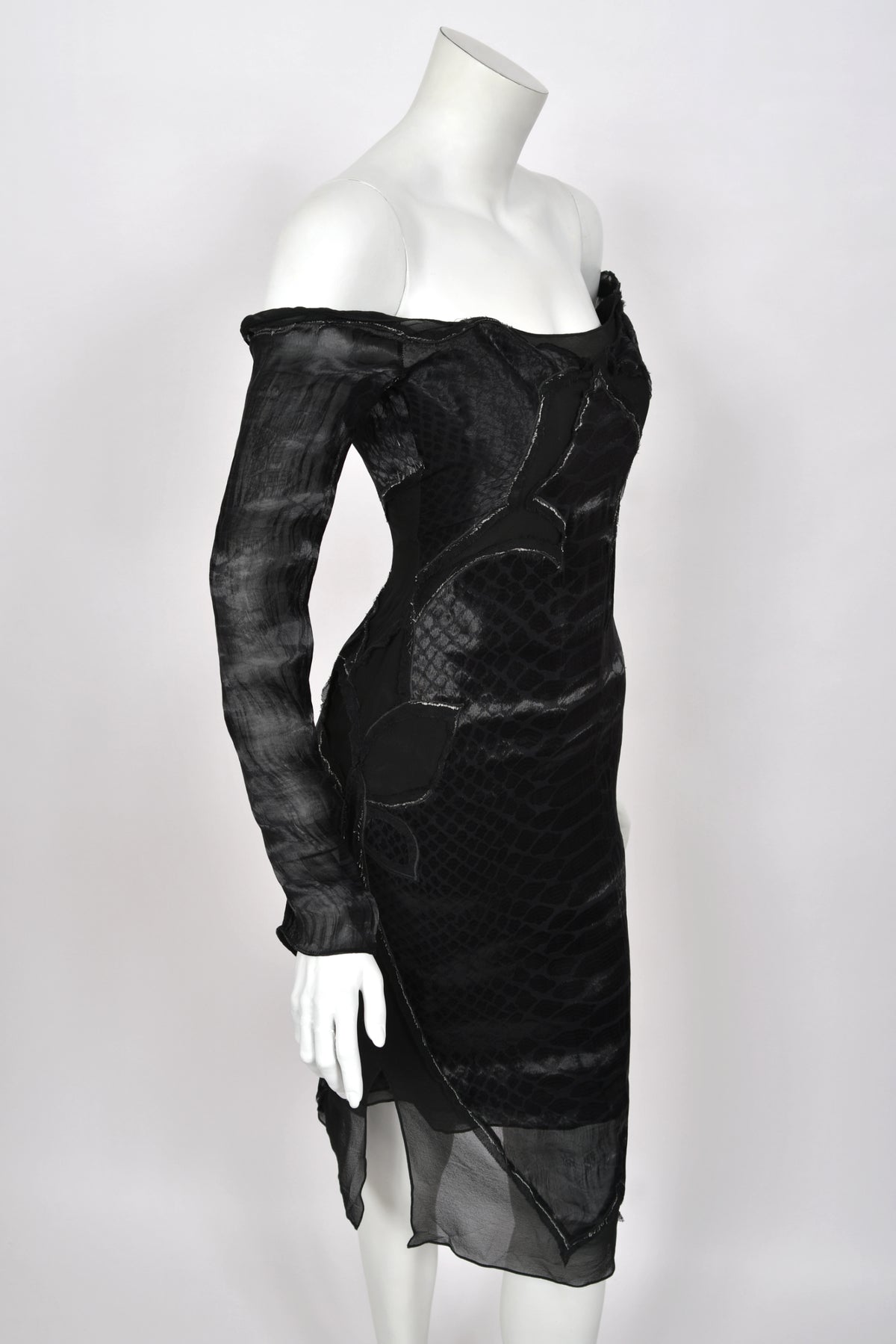 2004 Tom Ford for Yves Saint Laurent Runway Sheer Black Boned Off-Shoulder Hourglass Dress