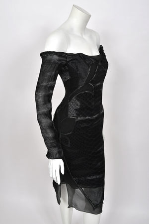2004 Tom Ford for Yves Saint Laurent Runway Sheer Black Boned Off-Shoulder Hourglass Dress