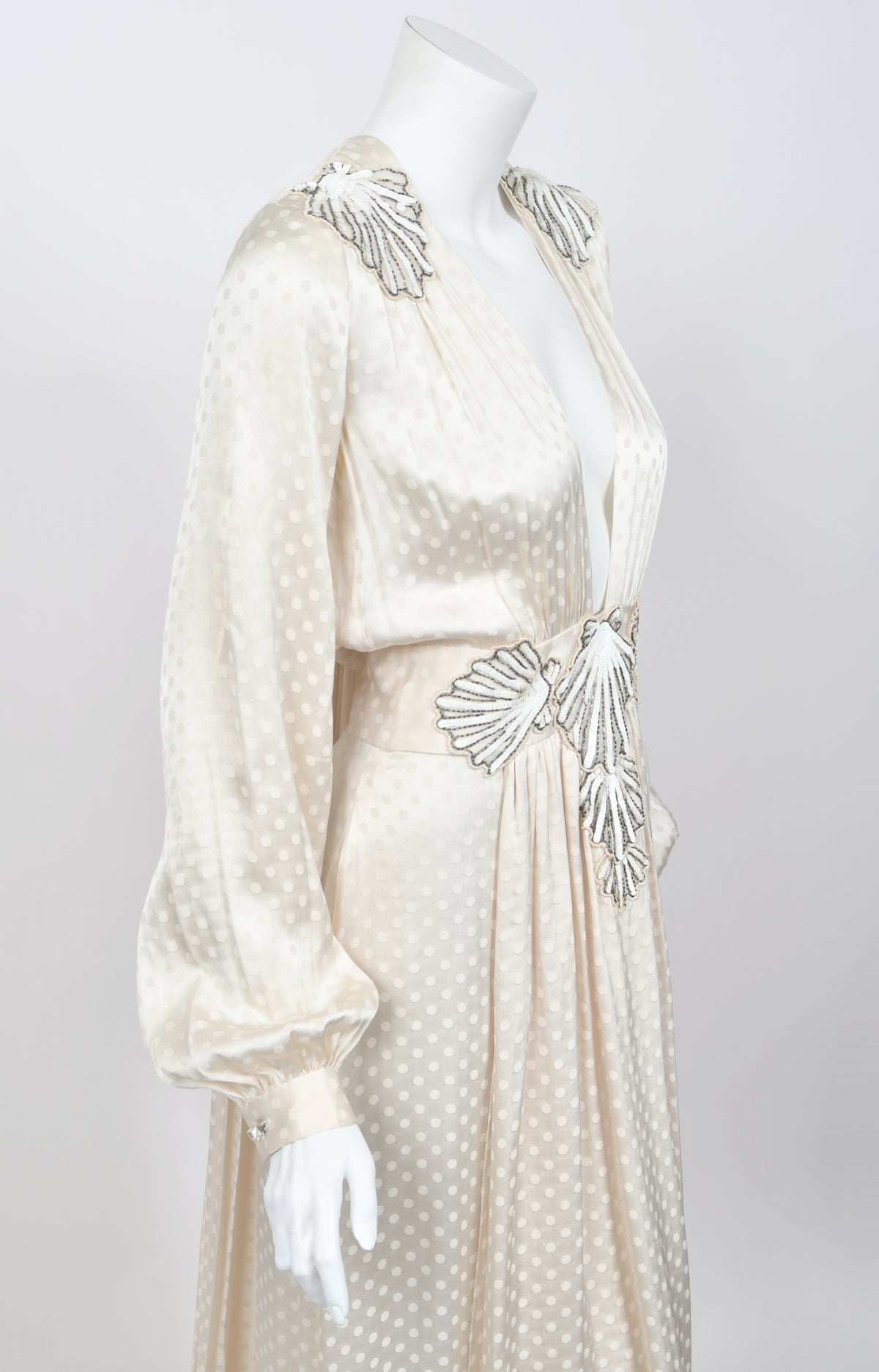 1974 Thea Porter Couture Beaded Sequin Seashells Ivory Silk Billow-Sleeve Trained Gown