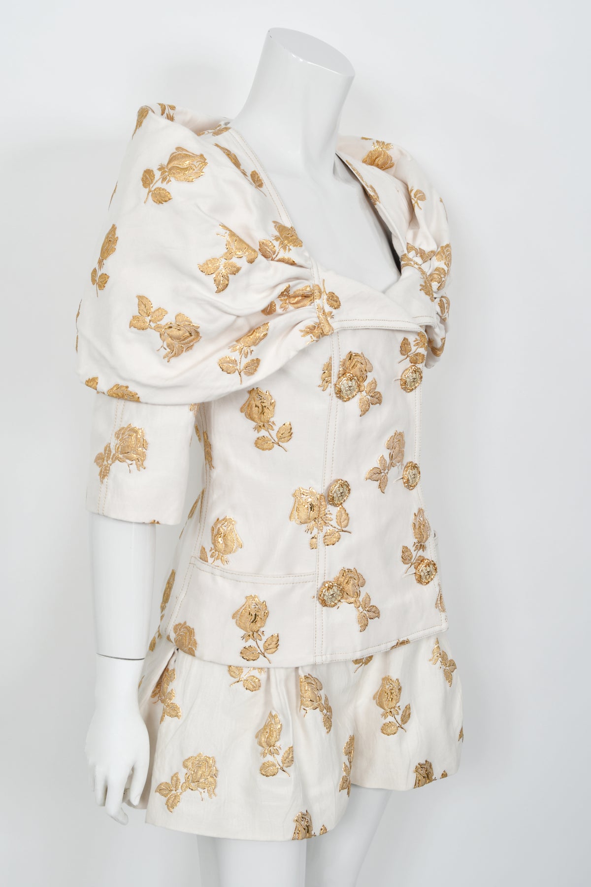 2013 Chanel by Karl Lagerfeld Documented Metallic Gold &amp; Ivory Silk Brocade Jacket w/ Shorts