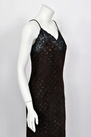 1999 Christian Dior by John Galliano Brown Suede & Sheer Lace Bias-Cut Slip Gown w/ Shawl