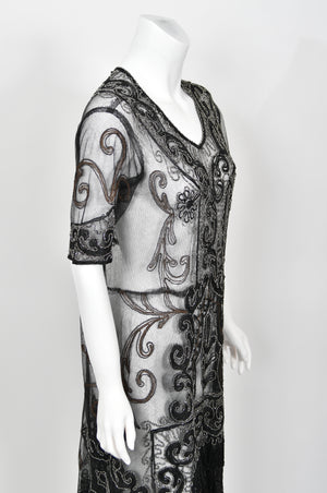 1920's Embroidered Black Sheer Mixed-Lace Beaded Art Deco Motif Dress