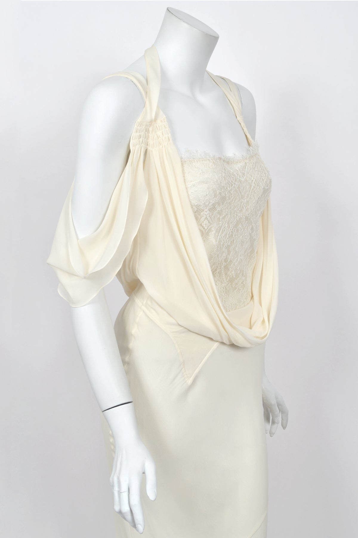 2005 John Galliano Ivory Sheer Silk Chiffon &amp; Chantilly Lace Draped Halter Bias-Cut Gown