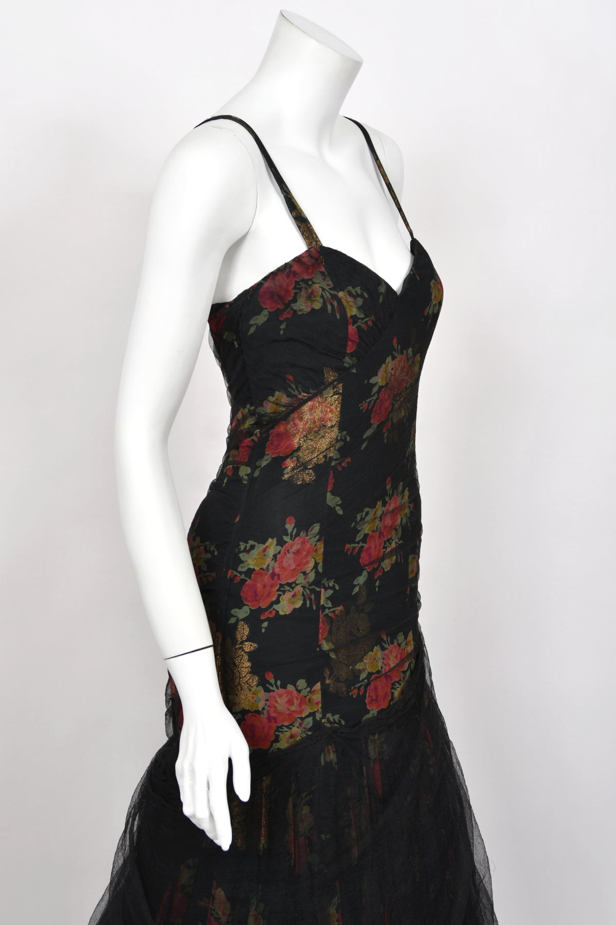 2010 Ralph Lauren Runway Metallic Floral Silk & Black Sheer Tulle Hourglass Mermaid Gown