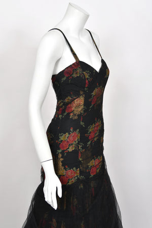 2010 Ralph Lauren Runway Metallic Floral Silk & Black Sheer Tulle Hourglass Mermaid Gown