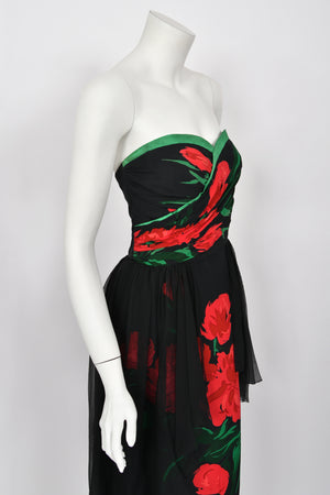 1950's Howard Greer Couture Red Roses Silk Strapless High-Low Gown & Shawl