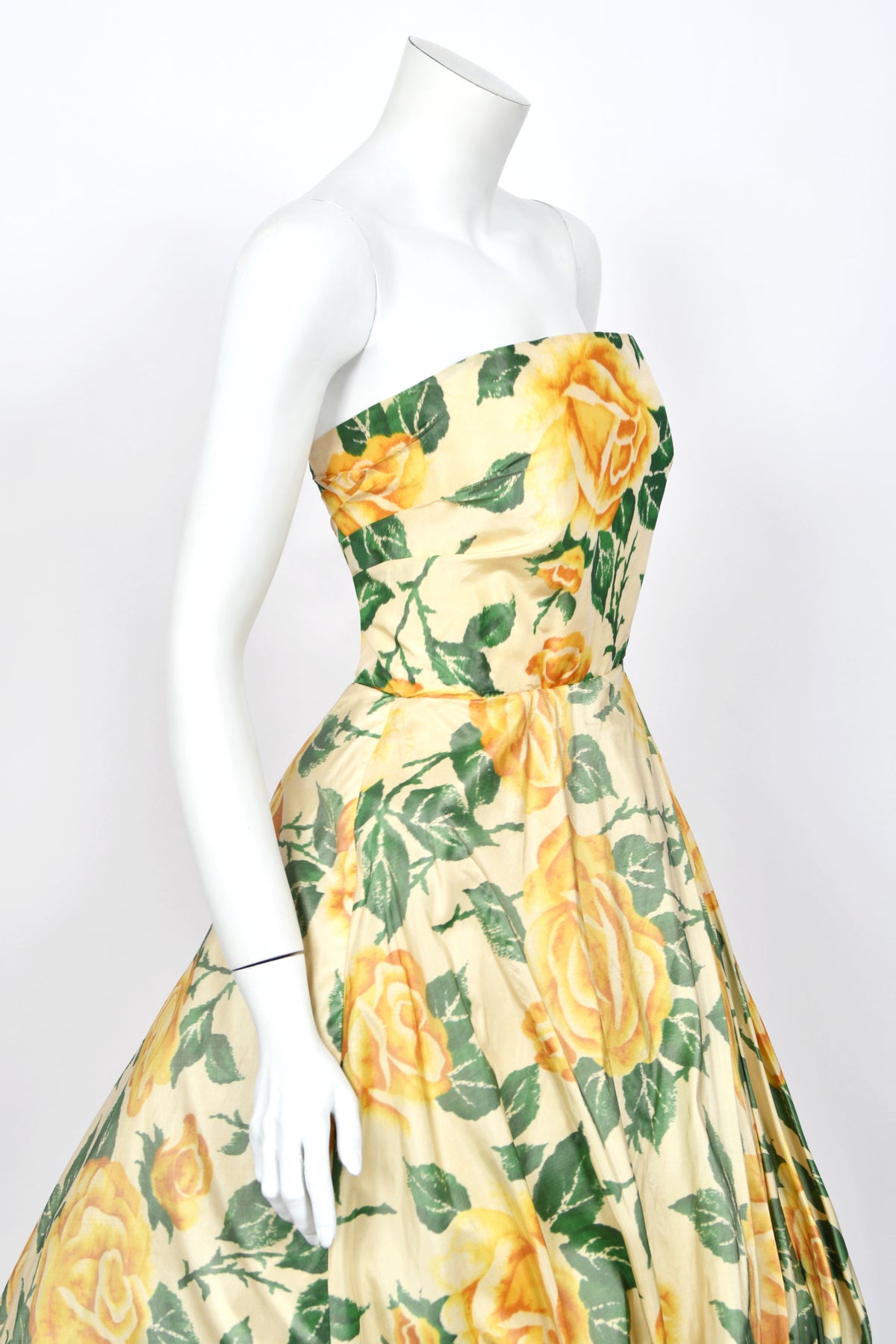 1950's Philip Hulitar Couture Yellow Roses Watercolor Silk Strapless Sculpted Party Dress