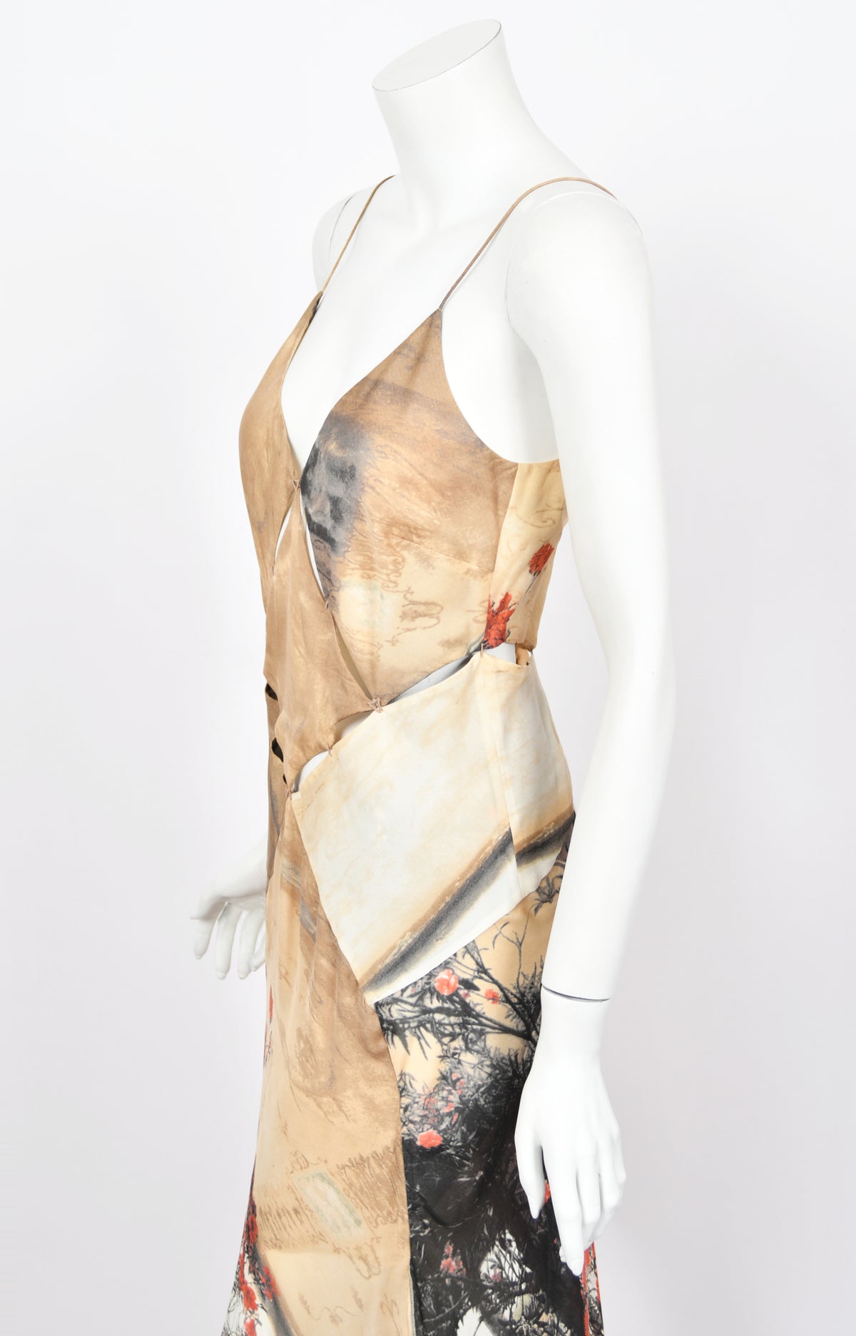 2004 Roberto Cavalli Runway Look 27 Metallic Silk &#39;Lady Print&#39; Cut-Out Gown