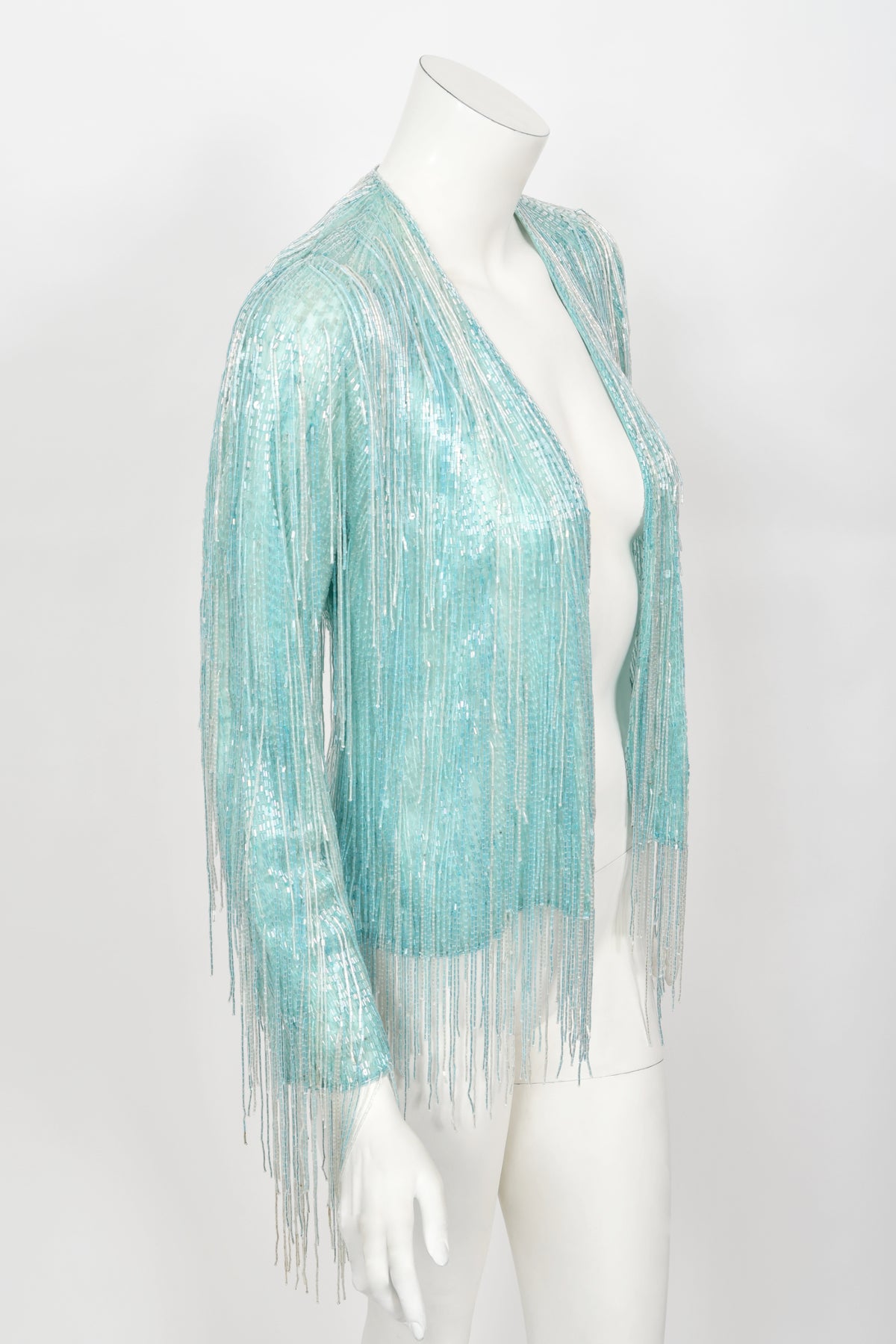 1970&#39;s Halston Couture Ice Blue Beaded Silk Fringe Disco Cardigan Jacket