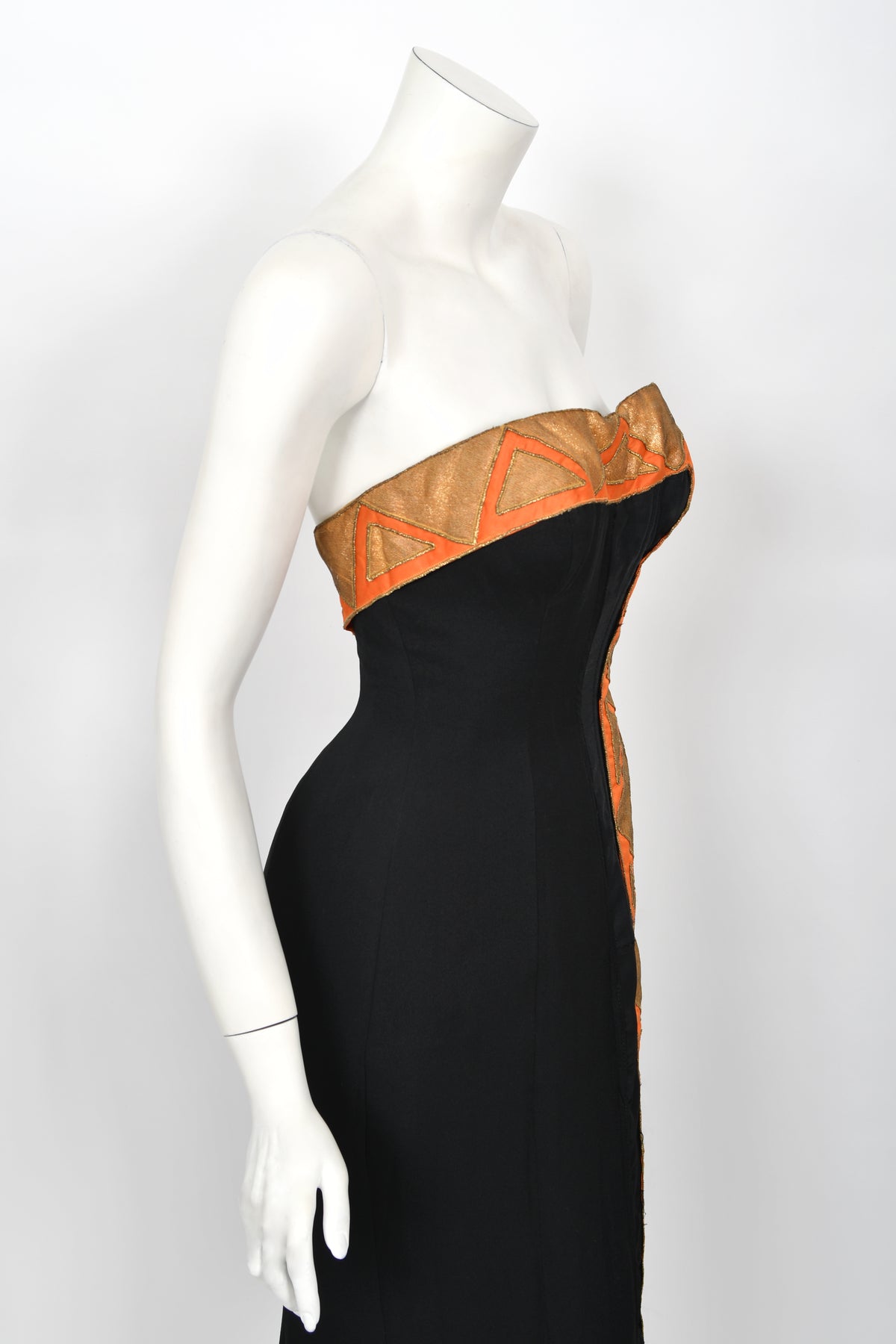 1950&#39;s Yma Sumac Custom Couture Black &amp; Orange Silk Hourglass Gown Ensemble