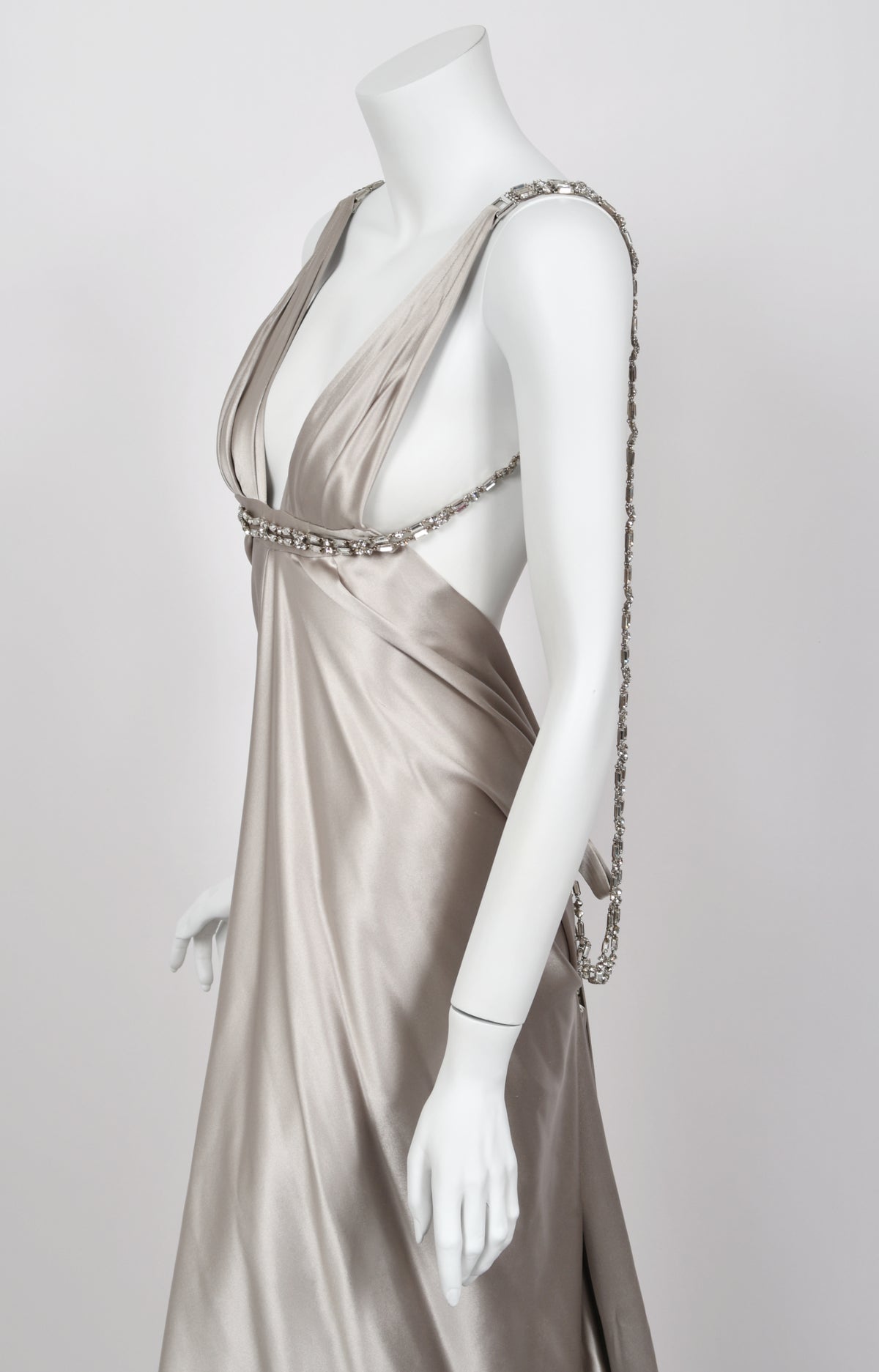 2006 Dsquared2 Platinum Silk Jeweled Backless Trained Glamour Gown