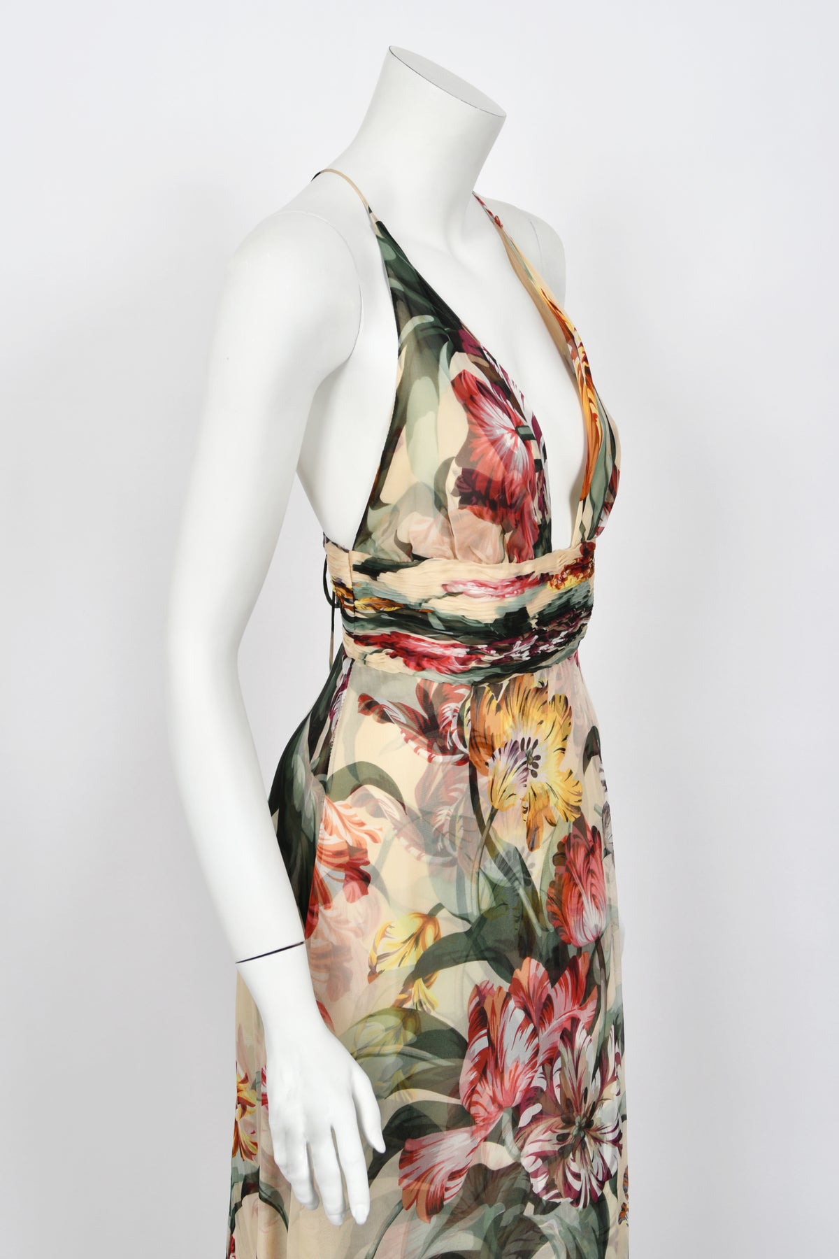 2005 Valentino Cruise Collection Colorful Floral Silk Low-Cut Halter Tiered Gown