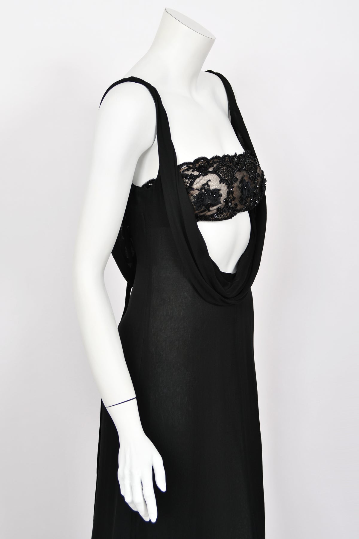 2004 Valentino Runway Beaded Bralette Draped Sheer Silk Cut-Out Gown