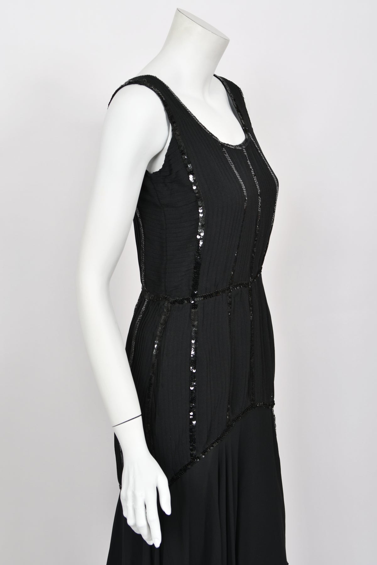 1983 Chanel by Karl Lagerfeld Sequin Pleated Black Silk Crepe High-Low Gown w/ Matching Jacket