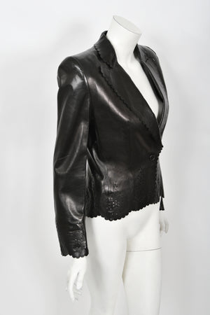 1997 Alexander Mcqueen for Givenchy Runway Black Leather Cutwork Blazer Jacket