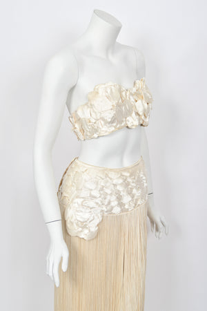 1950's Ivory Floral Appliqué Silk Bustier Crop Top & Matching Fringe Skirt Set