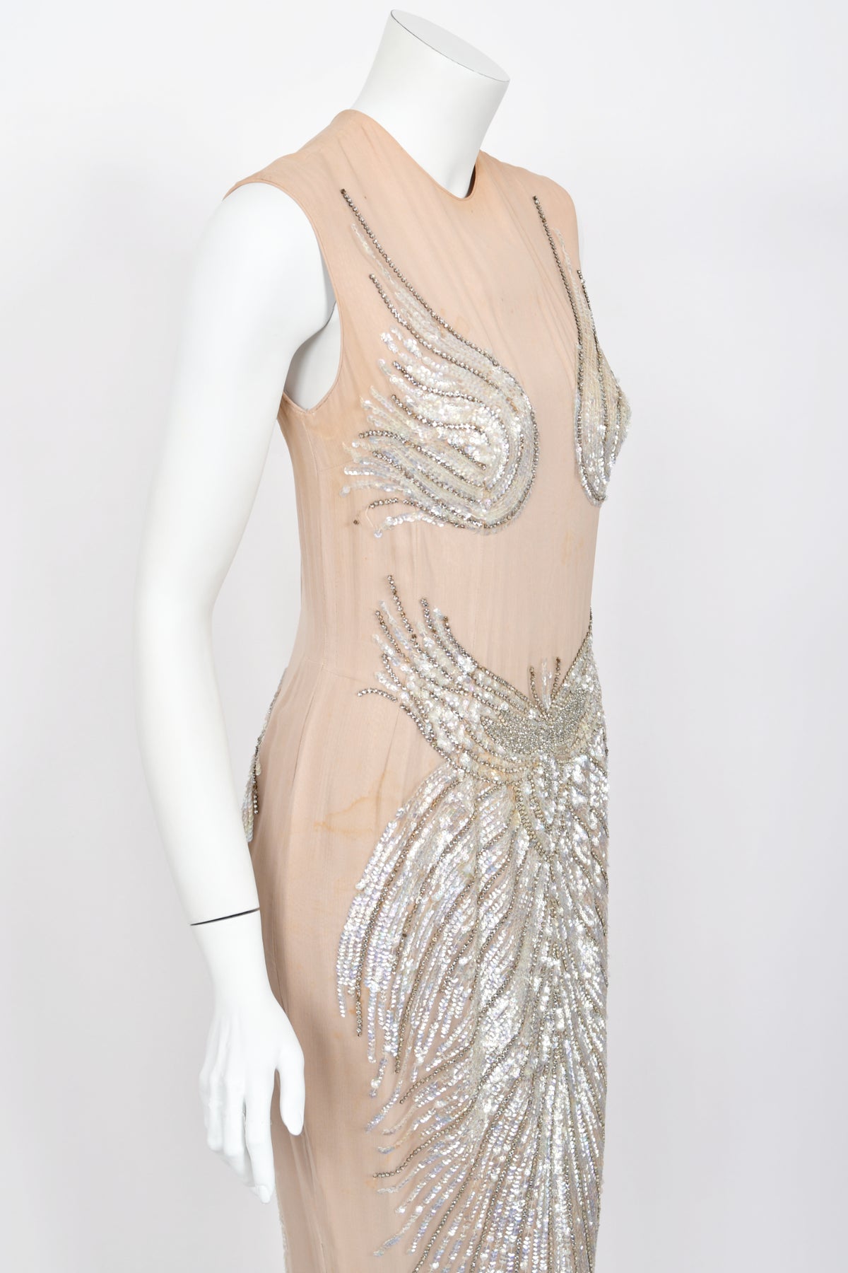 1962 Mr. Blackwell Custom Couture Rhinestone Sequin Wings Nude-Illusion Gown