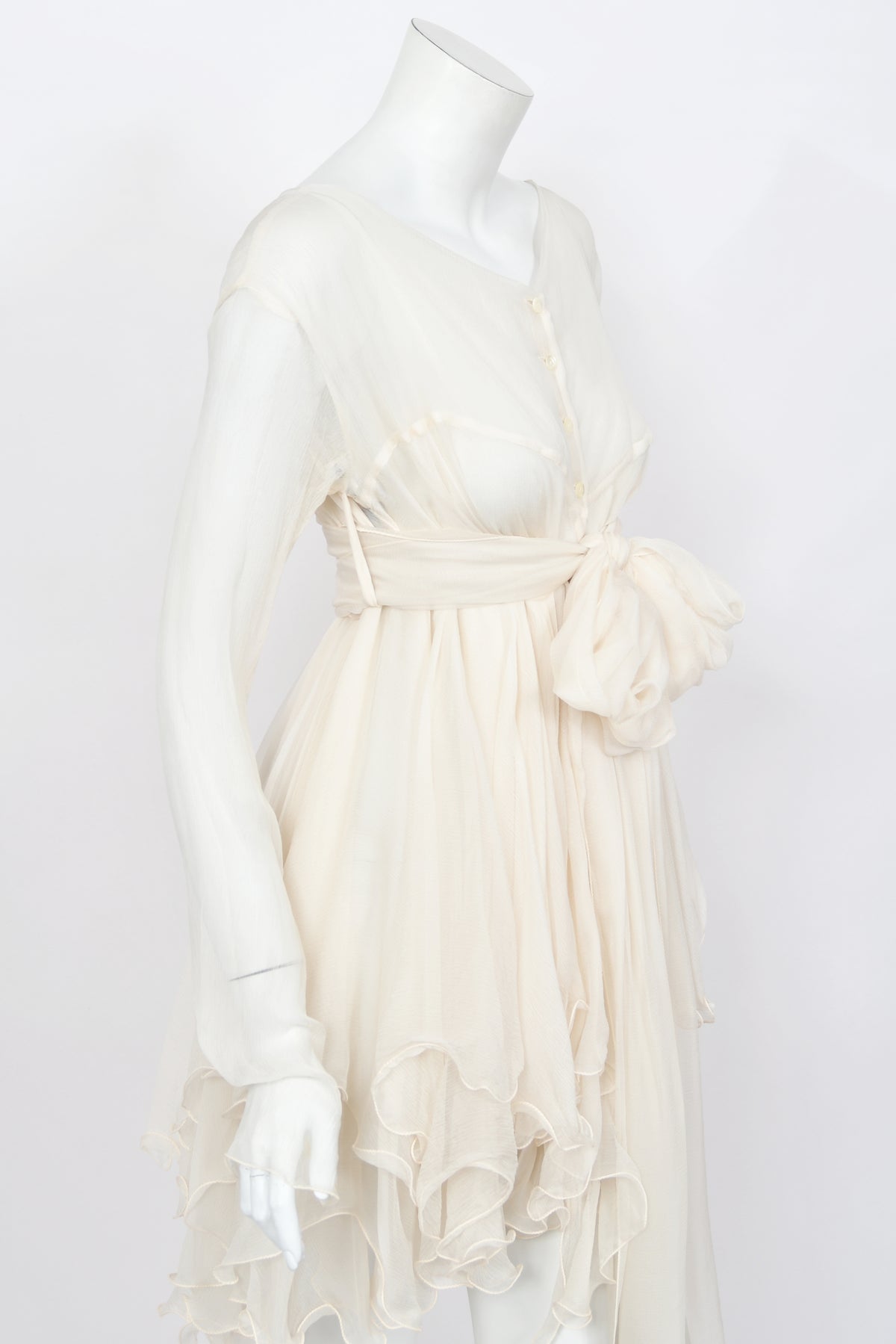 1991 Dolce &amp; Gabbana Runway Ivory Silk Belted Sash Tiered Babydoll Mini Dress