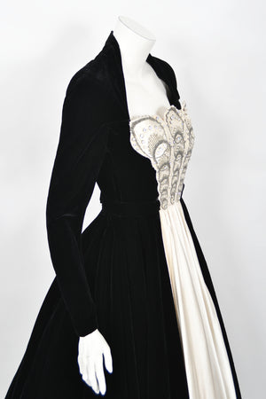 1952 Nina Ricci Haute Couture Documented Ivory Beaded Satin & Black Velvet Gown