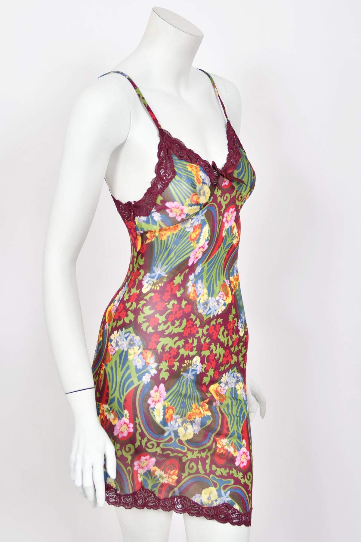 2005 Christian Dior by John Galliano Burgundy Floral Semi-Sheer Mini Slip Dress w/ Tags
