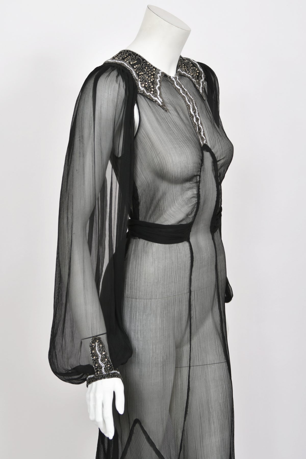 1930&#39;s Beaded Rhinestone Black Sheer Silk Chiffon Billow-Sleeve Deco Dress