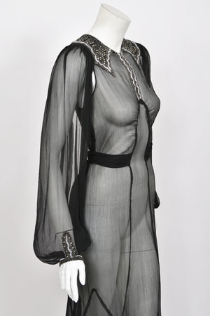 1930's Beaded Rhinestone Black Sheer Silk Chiffon Billow-Sleeve Deco Dress