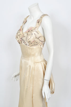 1950's Candlelight Satin Beaded Appliqué Skirted Hourglass Custom Couture Dress