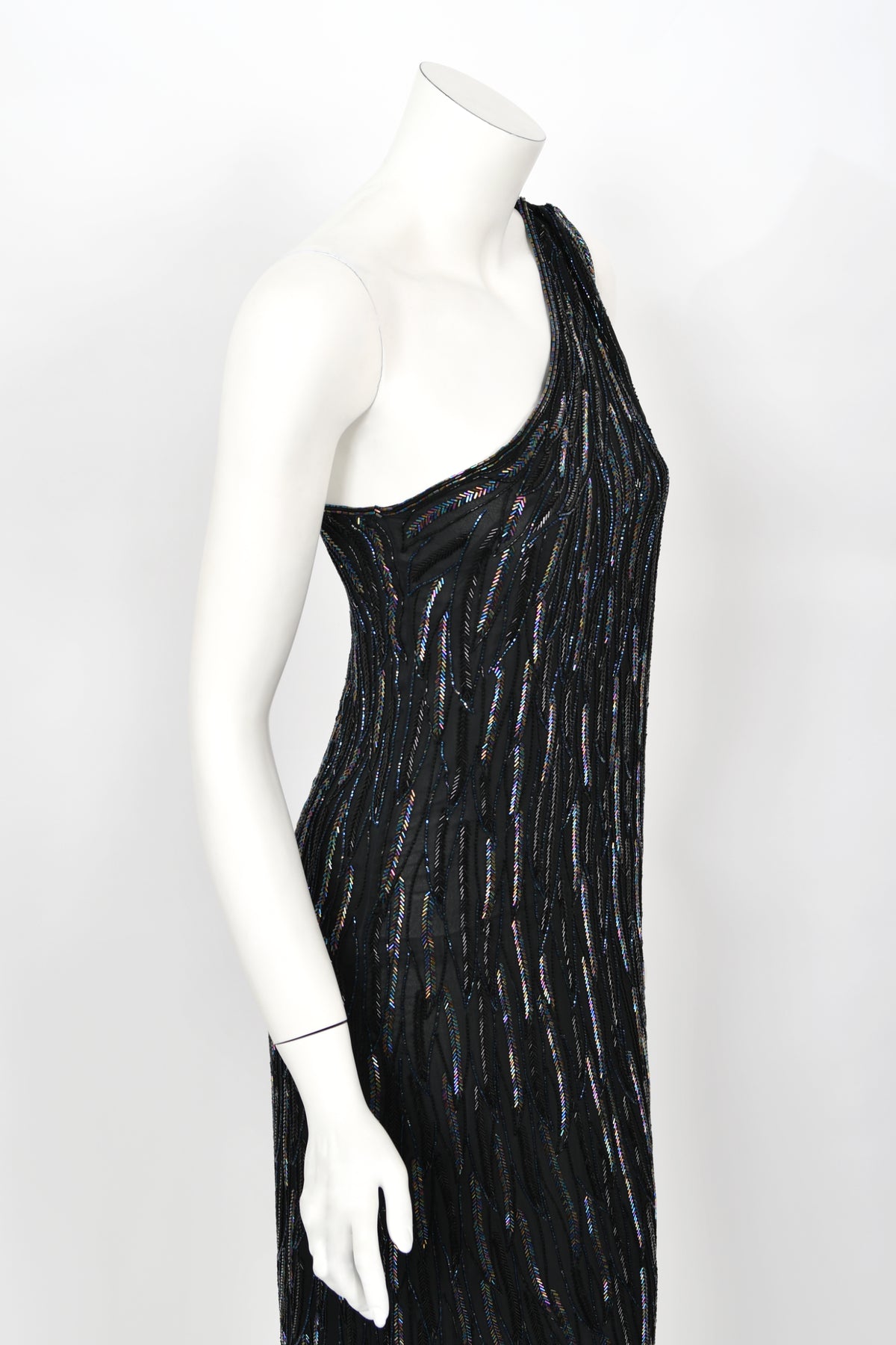 1970&#39;s Halston Couture Iridescent Beaded Black Silk One-Shoulder Dress
