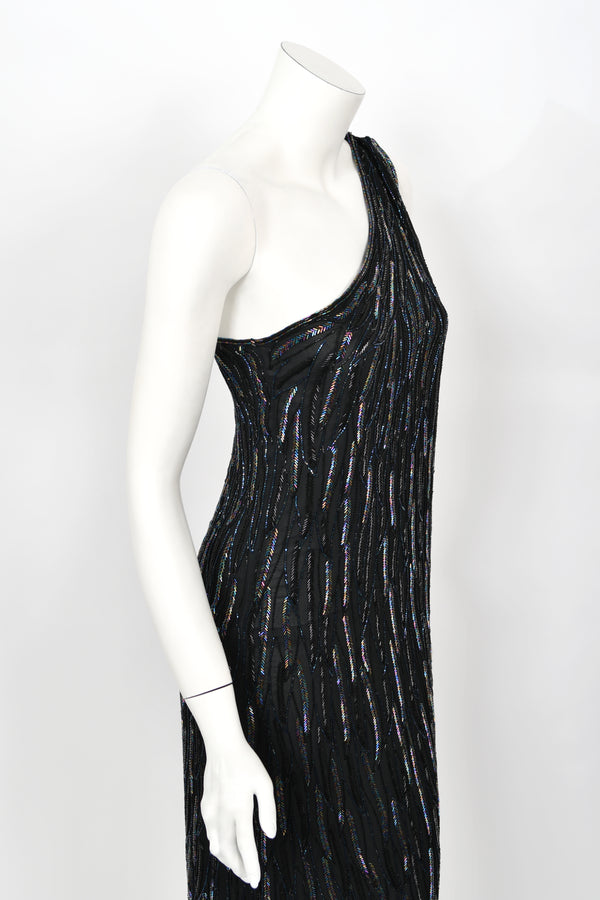 halston one shoulder dress 1970's Couture Iridescent Beaded Black Silk One-Shoulder en saison minimalist silhouette Halston is @Jarinpat wears the Rosario Size:16