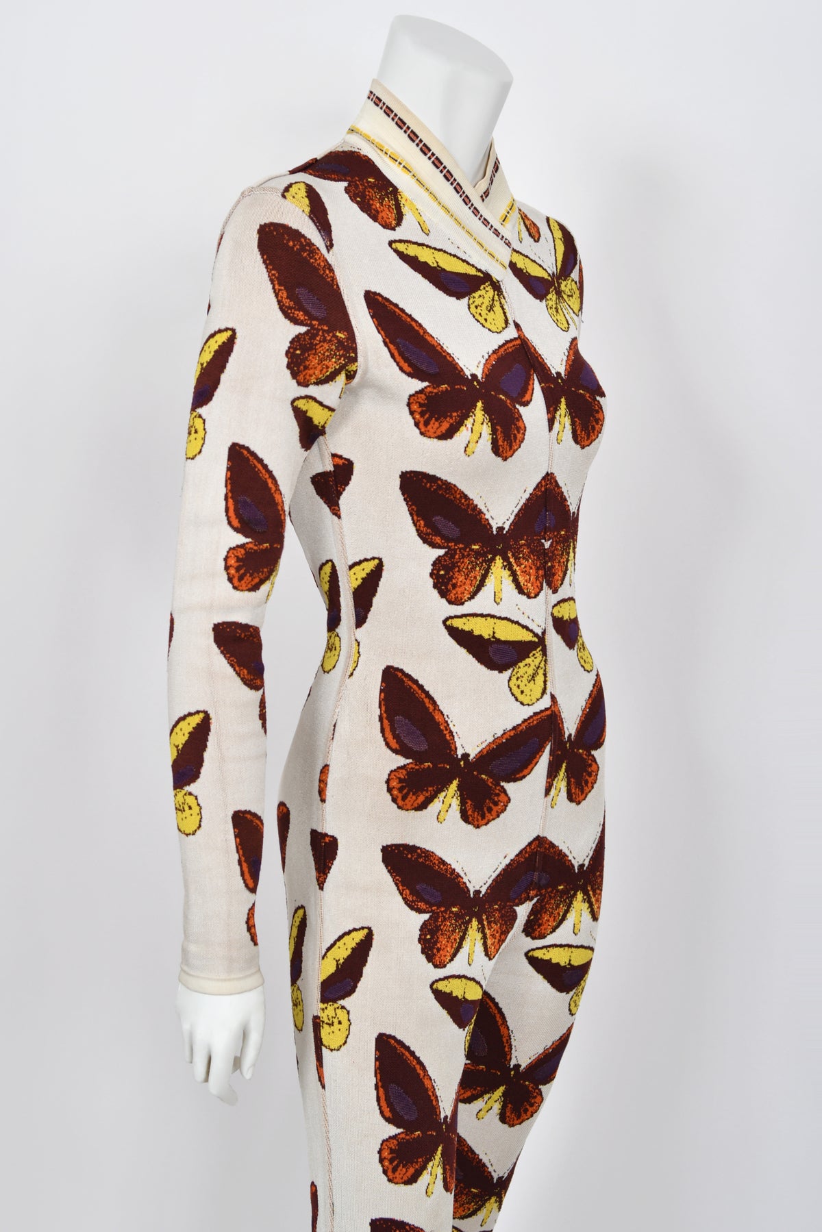 1991 Azzedine Alaïa Iconic Runway Butterfly Print Ivory Stretch Knit Bodycon Catsuit