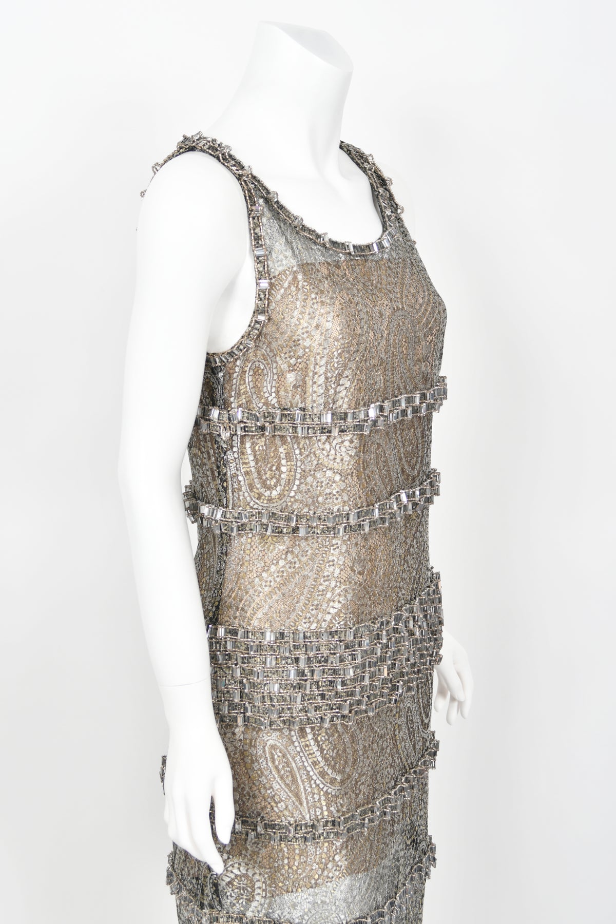 2012 Chanel by Karl Lagerfeld Runway Crystal Beaded Sheer Silver &amp; Gold Lace Dress