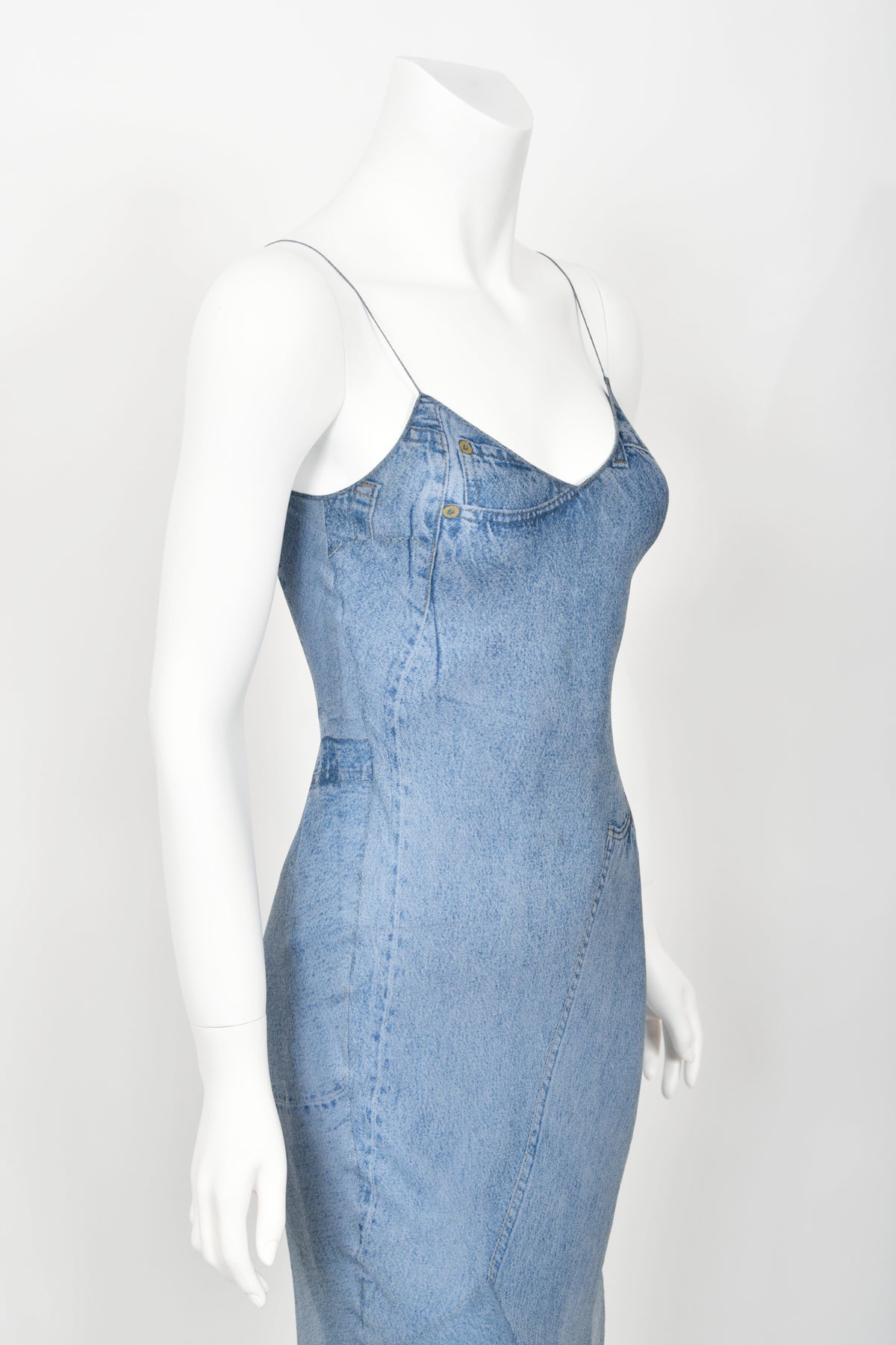 2000 Christian Dior by John Galliano Trompe L&#39;oeil Denim Print Silk Bias-Cut Dress