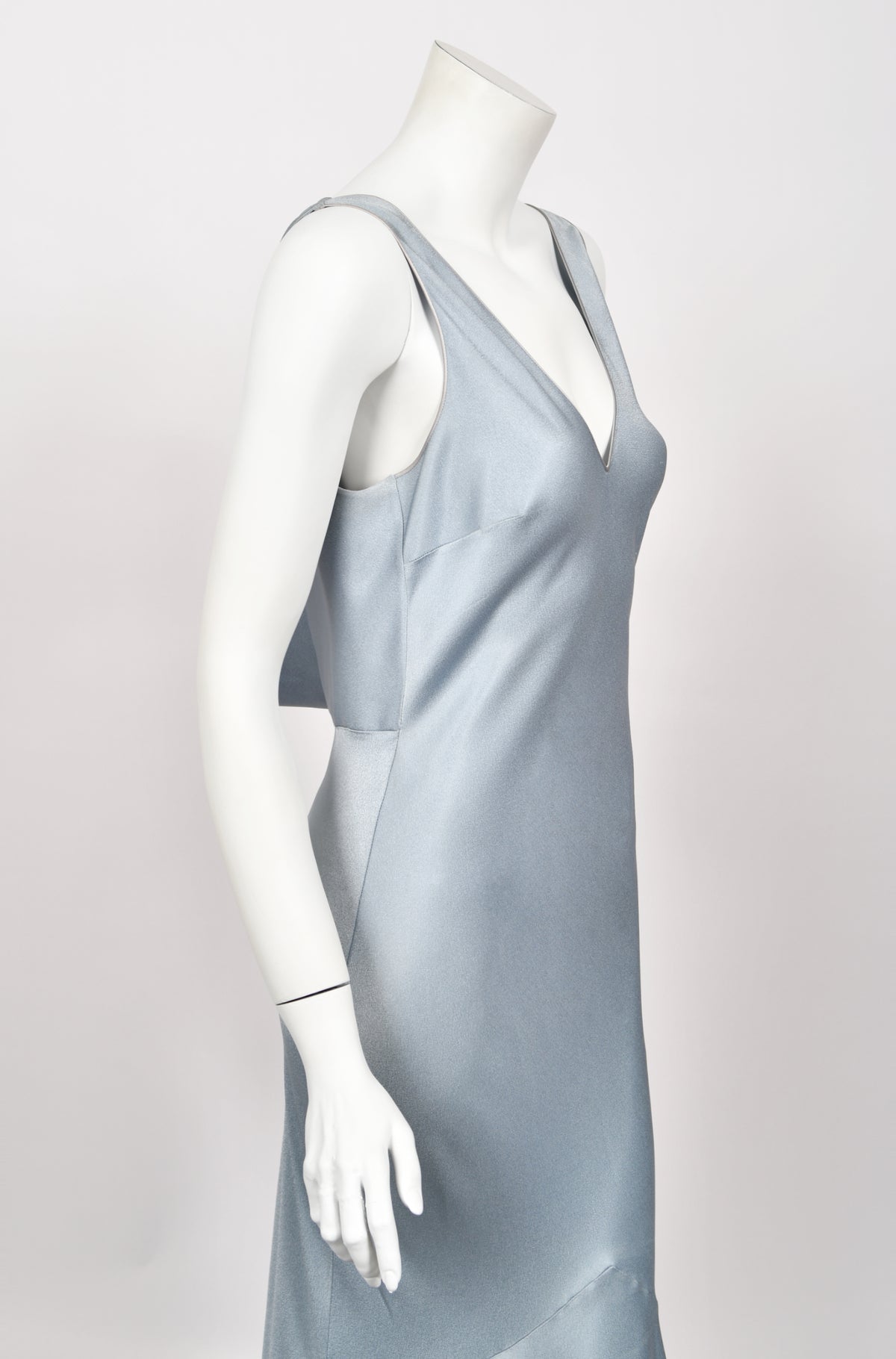 1997 John Galliano Documented Ice Blue Satin Backless Bias-Cut Trained Gown