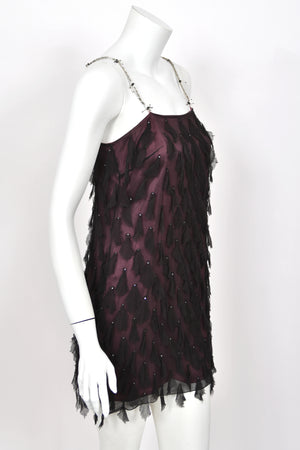 1998 Versace Runway Purple & Black 'Petal' Silk Chiffon Crystal-Straps Mini Dress