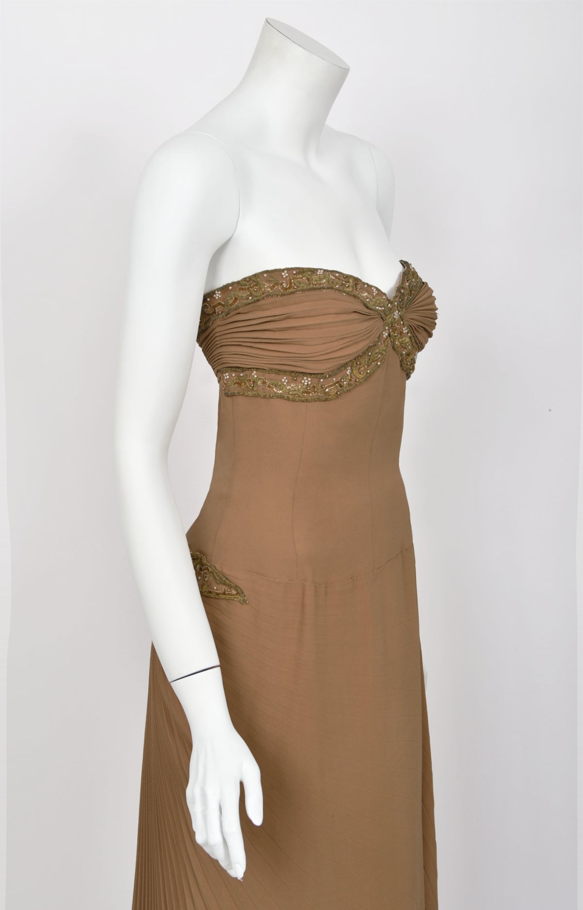 1950&#39;s Germana Marucelli Italian Couture Mocha Silk Pleated Strapless Gown