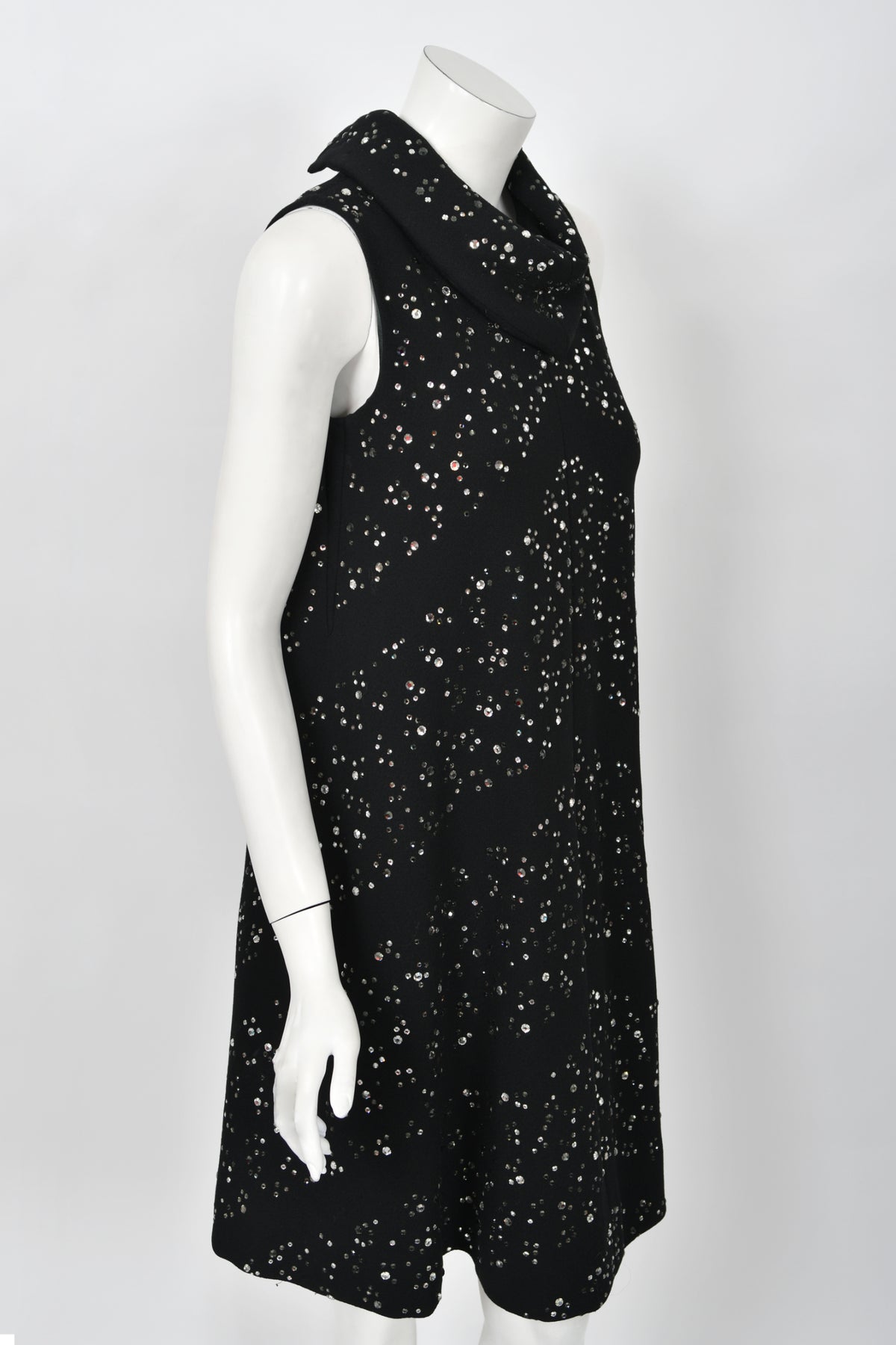1960&#39;s Pauline Trigère Rhinestone Studded Black Wool Mod Trapeze Dress