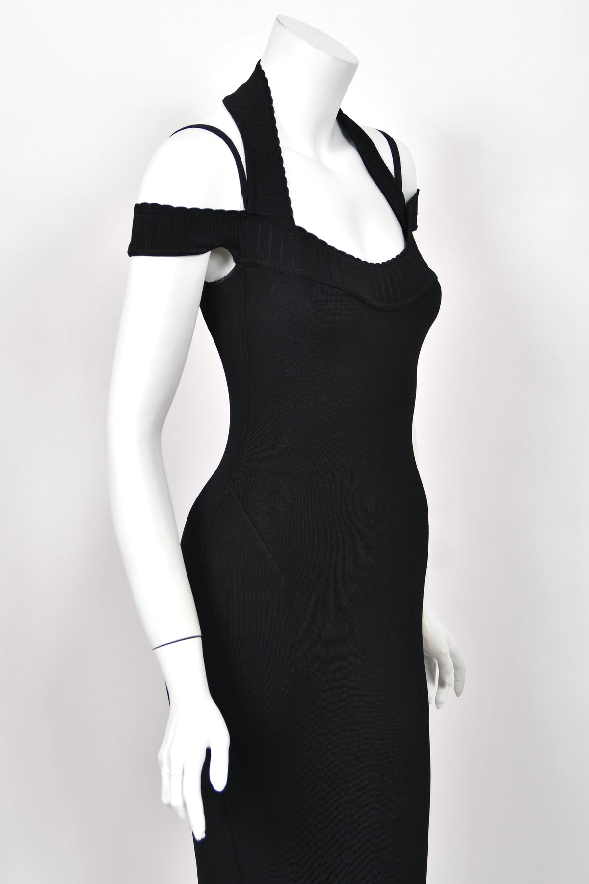1992 Azzedine Alaia Black Stretch Knit Cold-Shoulder Halter Bodycon Maxi Dress
