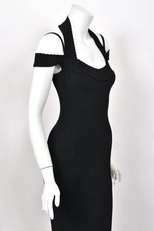 1992 Azzedine Alaia Black Stretch Knit Cold-Shoulder Halter Bodycon Maxi Dress