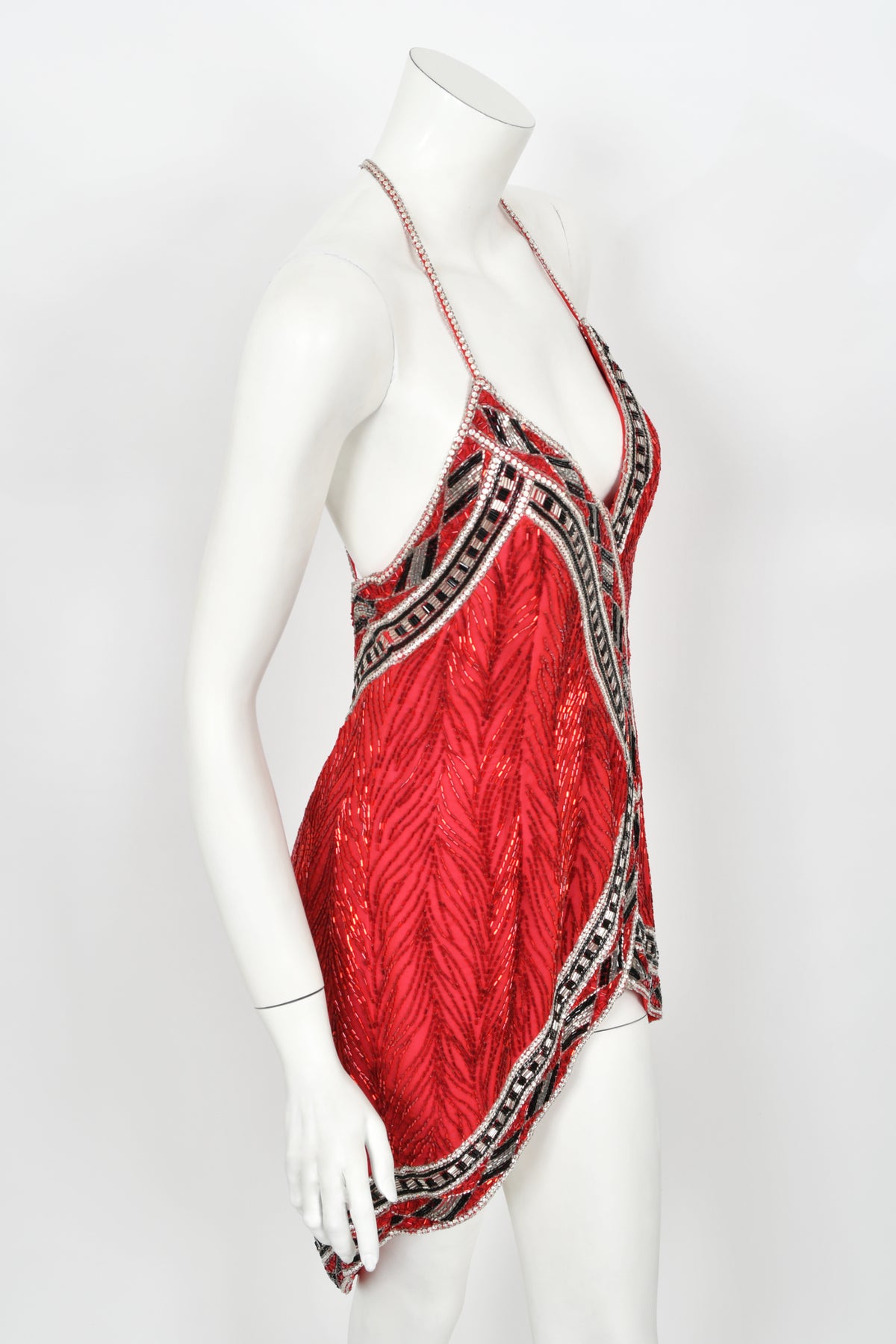 1984 Bob Mackie Documented Fully Beaded Red Silk High Low Micro-Mini Dress
