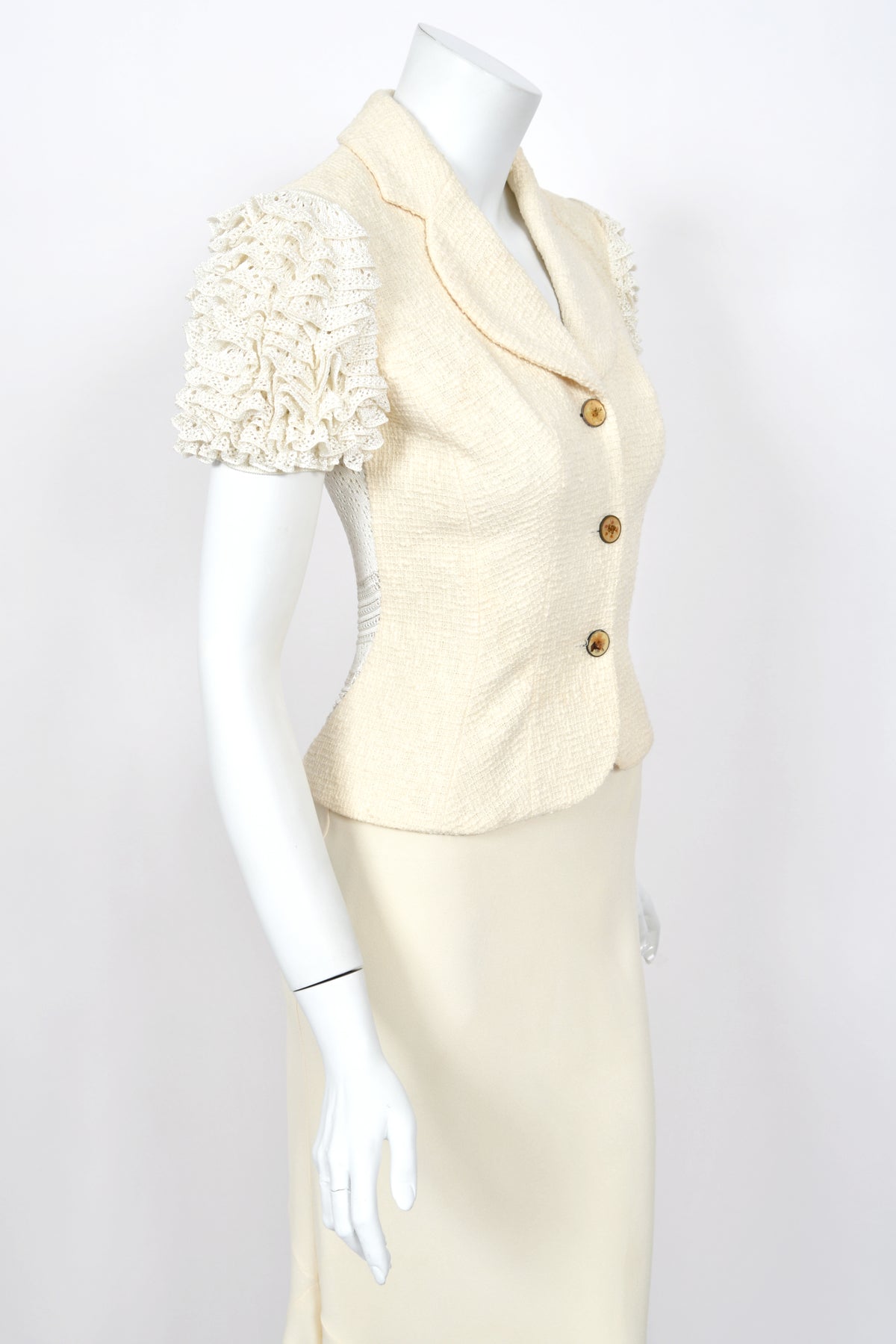 1998 John Galliano ‘Haute Bohème’ Collection Ivory Knit Ruffle Sleeve Jacket &amp; Bias-Cut Skirt Set w/Tags