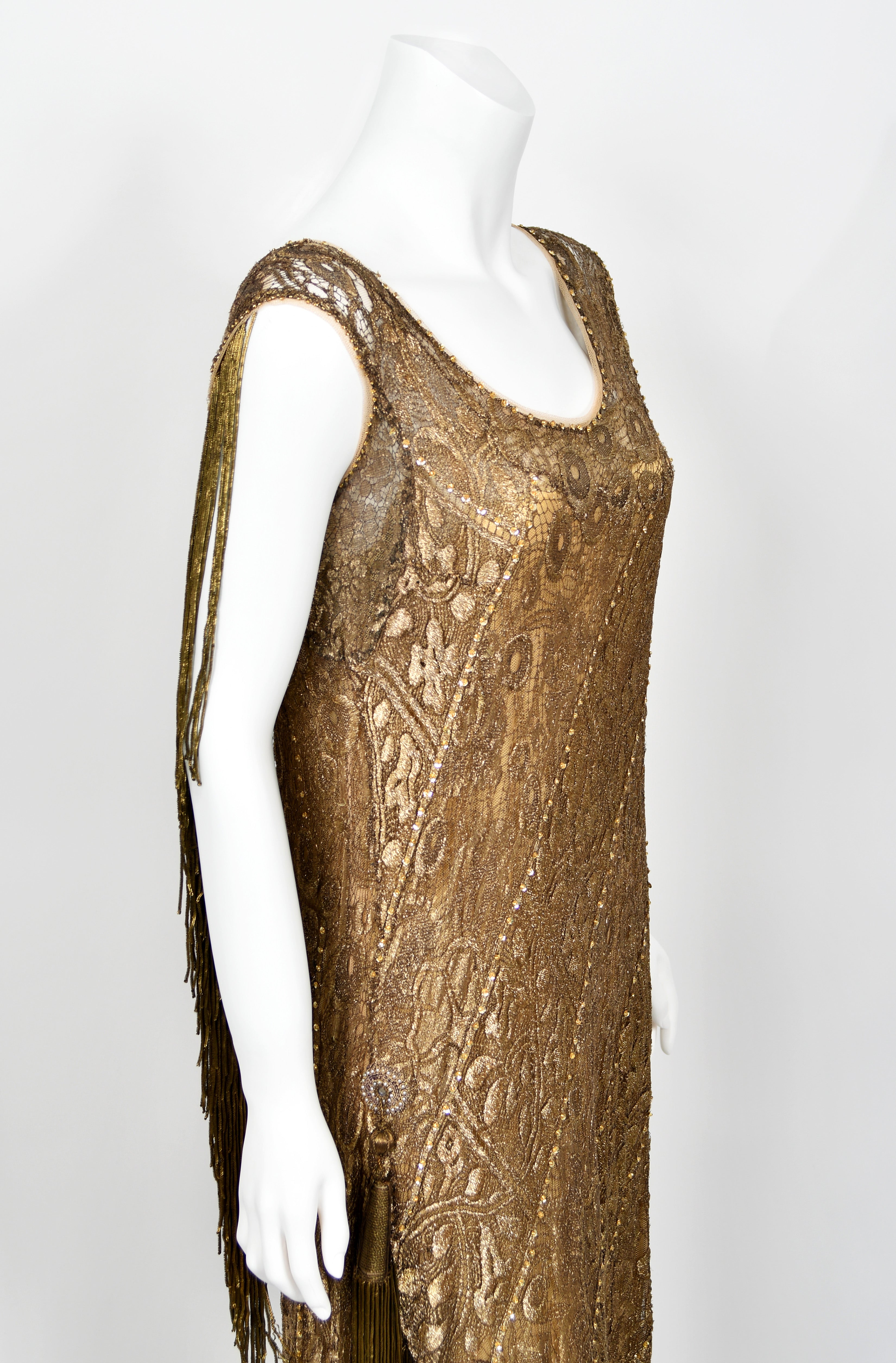 Vintage 1920's Metallic Gold Lam Lace Flapper Fringe Margot Robbie Film-Worn Dress - Timeless Vixen Vintage 1920's Metallic Gold Lam Lace Flapper Fringe Margot Robbie Film-Worn Dress - Timeless Vixen