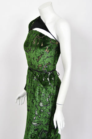 1990 Geoffrey Beene Couture 'Green Leaves' Sheer Devoré Velvet One-Sleeve Hourglass Gown