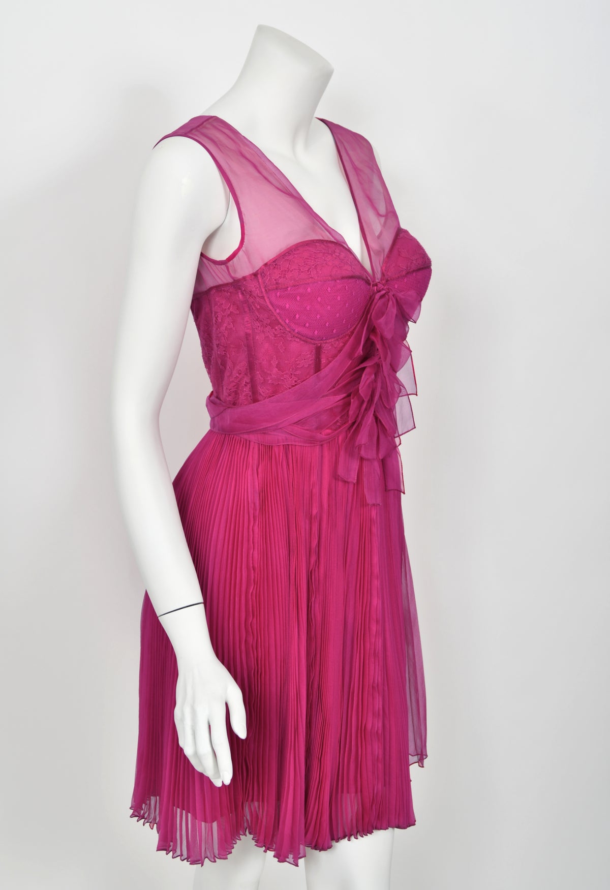 2010 Christian Dior by John Galliano Fuchsia Pink Pleated Sheer Silk Lingerie Dress