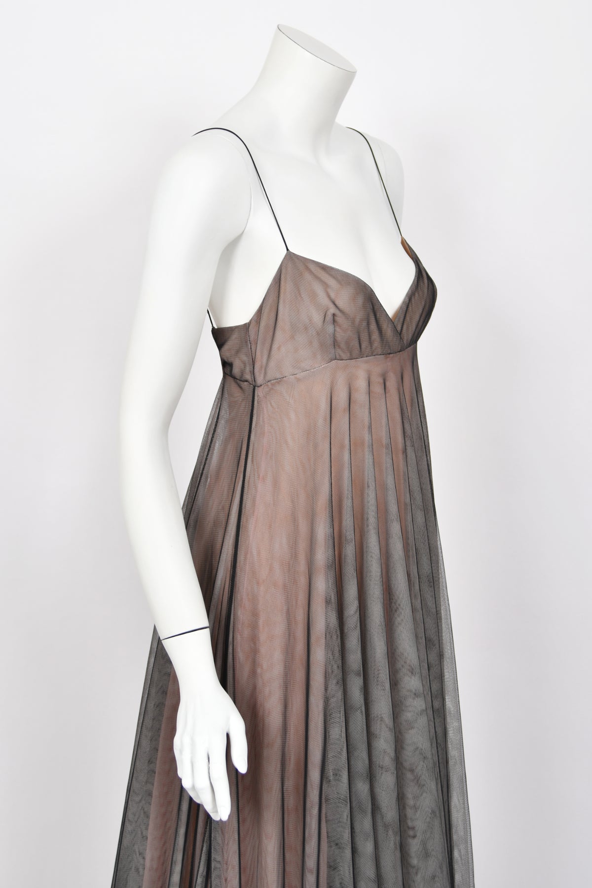 1998 Tom Ford for Gucci Runway Black Nude Illusion Layered Tulle Gown